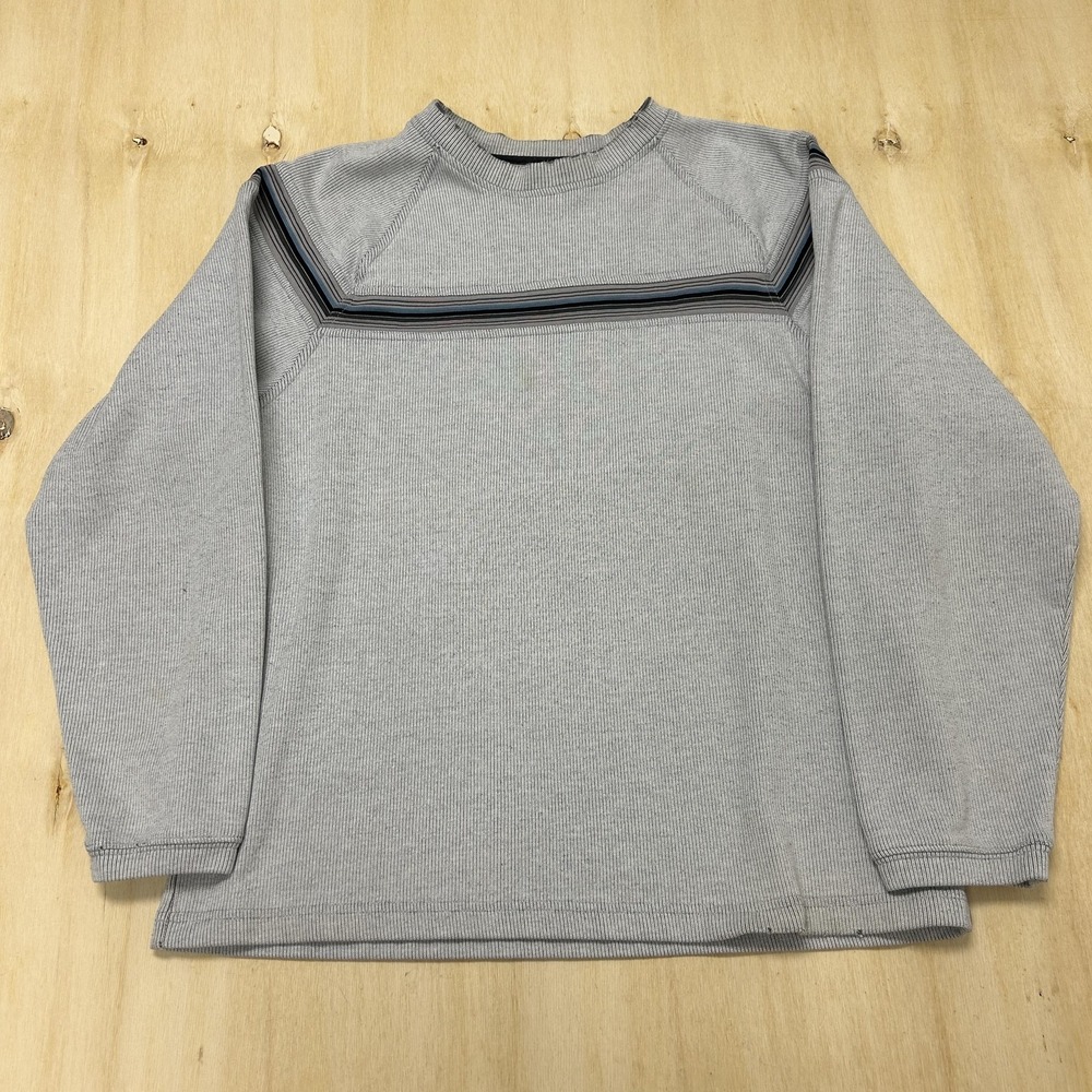 Y2K Ribbed Sweater Mens Medium Gray Striped Tight Knit Crewneck Extreme Gear